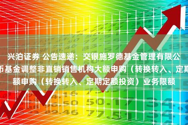 兴泊证券 公告速递：交银施罗德基金管理有限公司关于交银天鑫宝货币基金调整非直销销售机构大额申购（转换转入、定期定额投资）业务限额